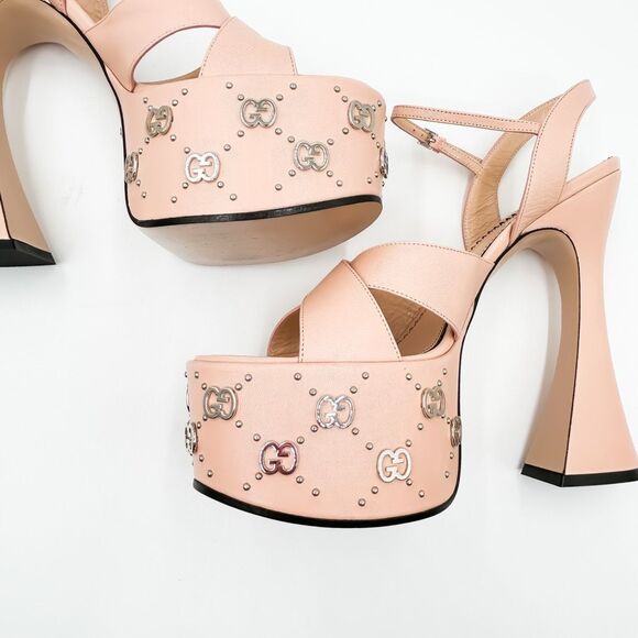 Gucci Janaya GG Studded Platform Sandals EU 40 US 10 Pink Leather High Heel - Picture 14 of 14